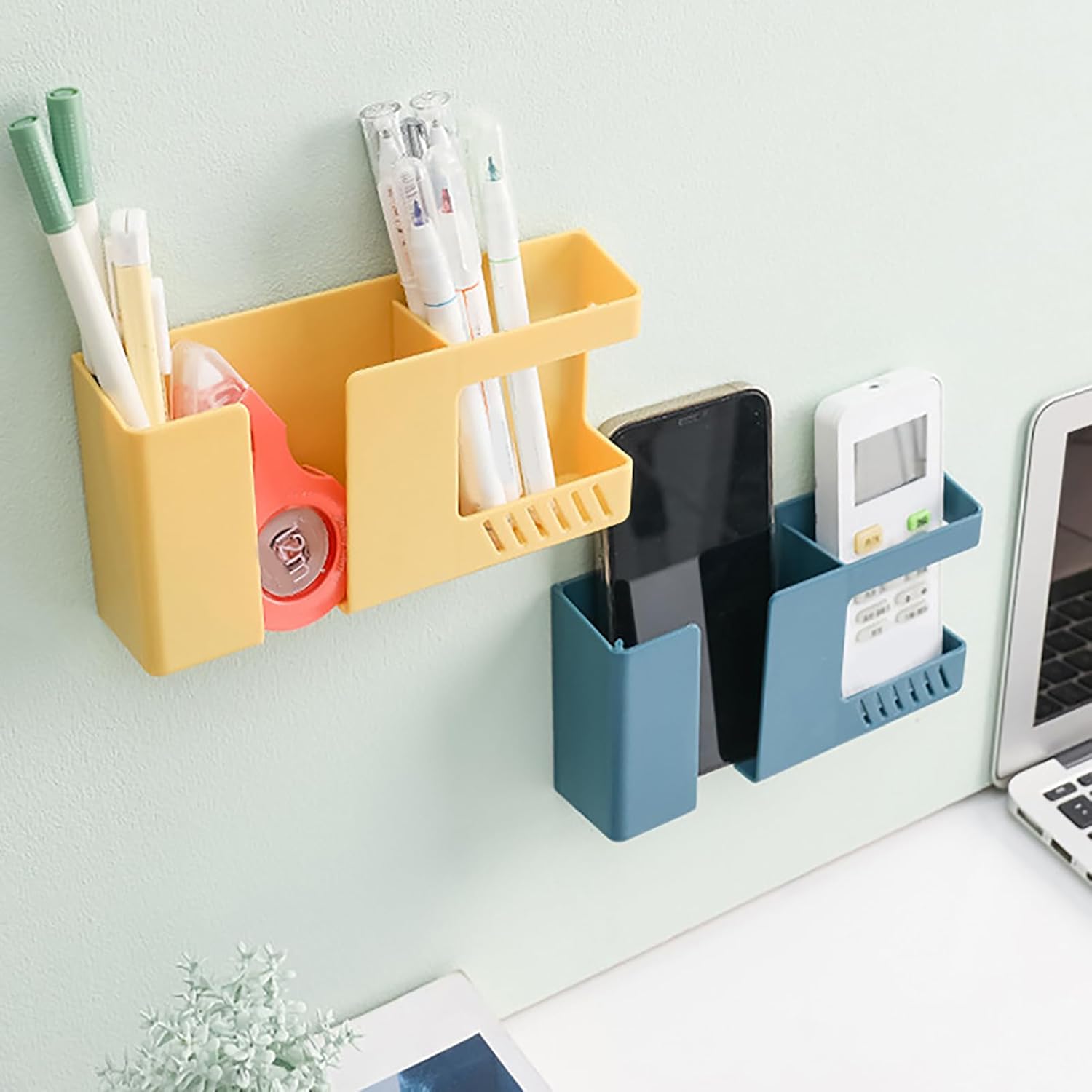 【Clearance Sale】1pc Vintage Style Wall-Mounted Phone & Remote Control Holder - No-Drill, Multi-Room Compatible Plastic Storage Organizer for Bedside or Desk, Teal Color, Dual Compartments