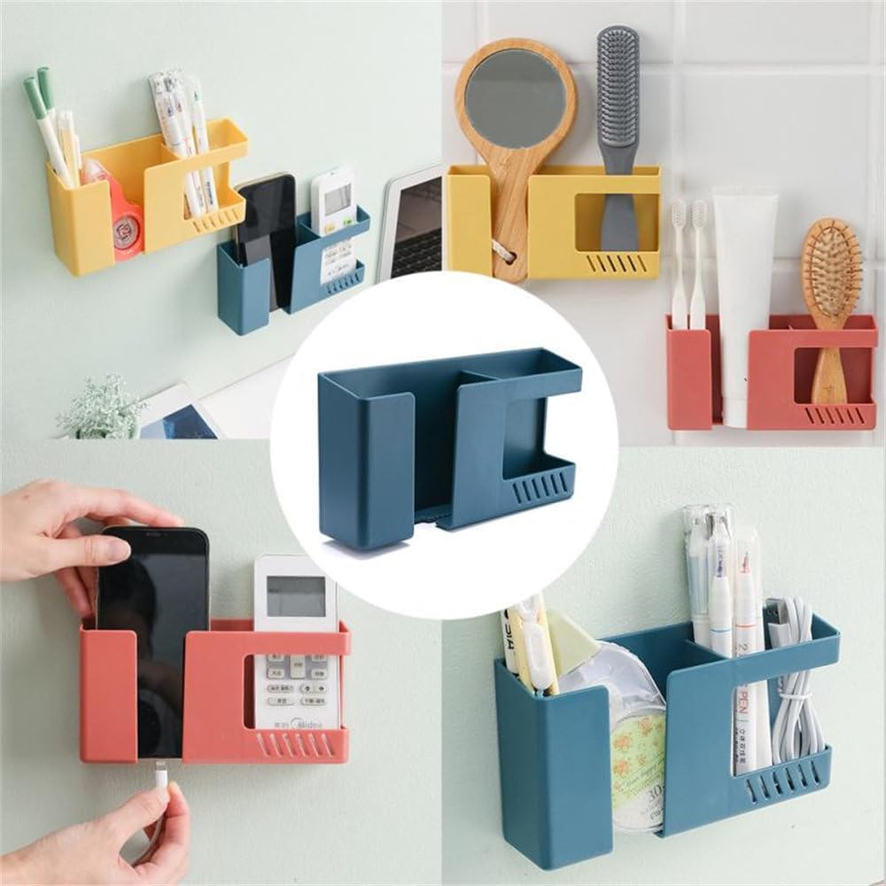 【Clearance Sale】1pc Vintage Style Wall-Mounted Phone & Remote Control Holder - No-Drill, Multi-Room Compatible Plastic Storage Organizer for Bedside or Desk, Teal Color, Dual Compartments