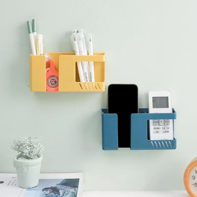【Clearance Sale】1pc Vintage Style Wall-Mounted Phone & Remote Control Holder - No-Drill, Multi-Room Compatible Plastic Storage Organizer for Bedside or Desk, Teal Color, Dual Compartments
