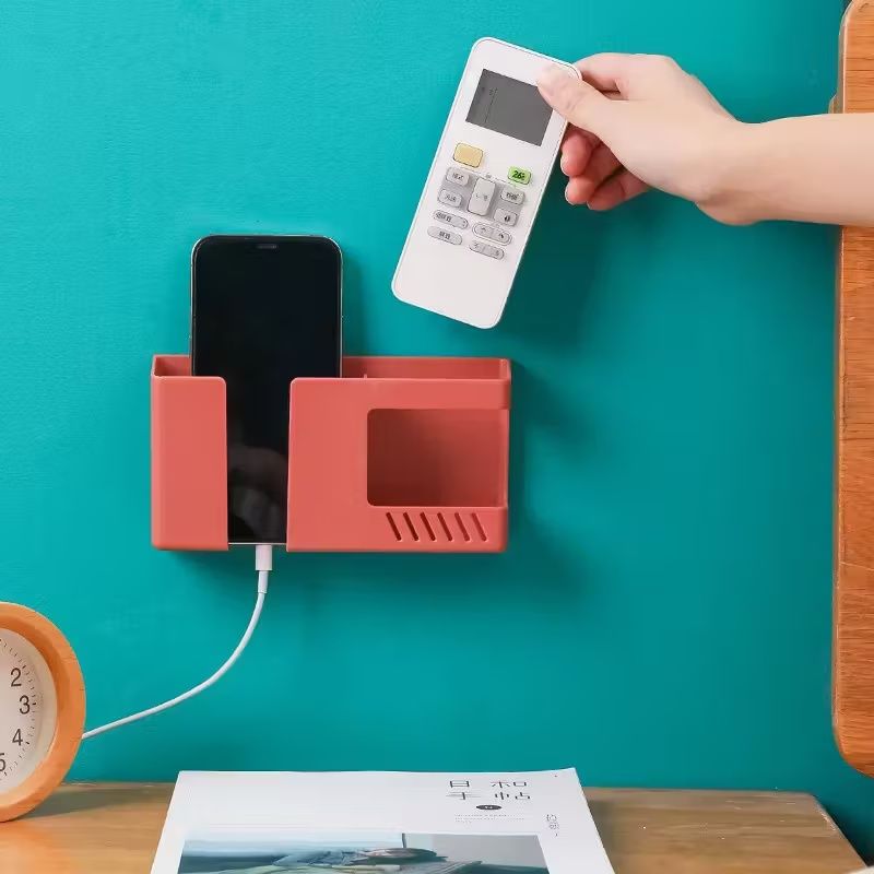 【Clearance Sale】1pc Vintage Style Wall-Mounted Phone & Remote Control Holder - No-Drill, Multi-Room Compatible Plastic Storage Organizer for Bedside or Desk, Teal Color, Dual Compartments