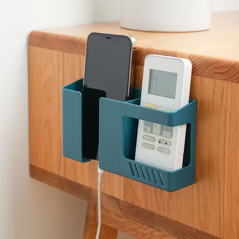 【Clearance Sale】1pc Vintage Style Wall-Mounted Phone & Remote Control Holder - No-Drill, Multi-Room Compatible Plastic Storage Organizer for Bedside or Desk, Teal Color, Dual Compartments