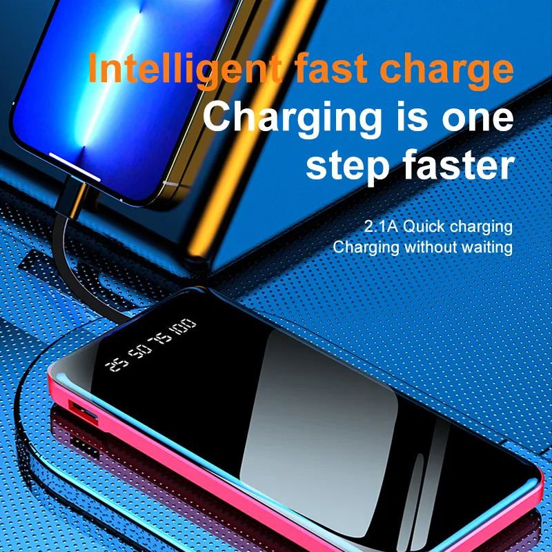 Power Bank Built-in Cable, 10000/20000mAh Fast Charging Portable Charger with Flashlight & 4 Outputs,USB C External Battery Pack for iPhone 16 15 14 Android and More