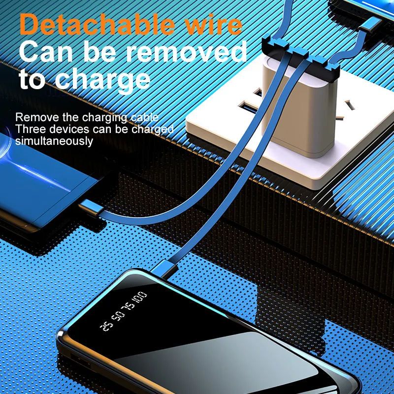 Power Bank Built-in Cable, 10000/20000mAh Fast Charging Portable Charger with Flashlight & 4 Outputs,USB C External Battery Pack for iPhone 16 15 14 Android and More