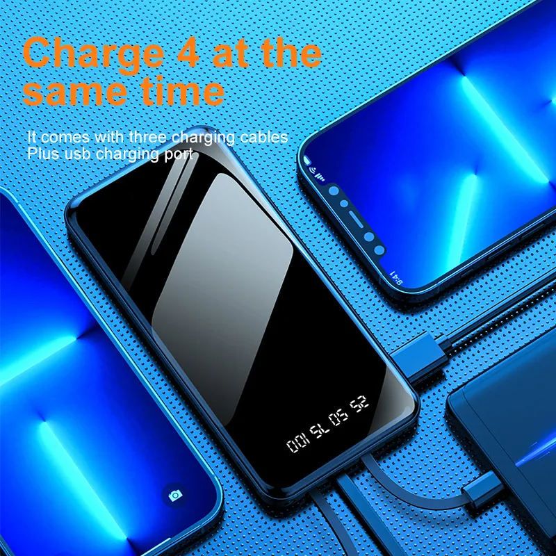 Power Bank Built-in Cable, 10000/20000mAh Fast Charging Portable Charger with Flashlight & 4 Outputs,USB C External Battery Pack for iPhone 16 15 14 Android and More