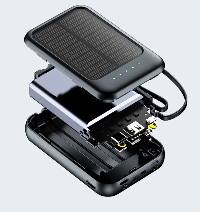 Solar Power Bank 10000mAh,Small Solar Charger Built in 4 Cables,USB C Input/Output,Dual Flashlight External Battery Portable Charger Power Bank for iPhone,Tablet,Samsung