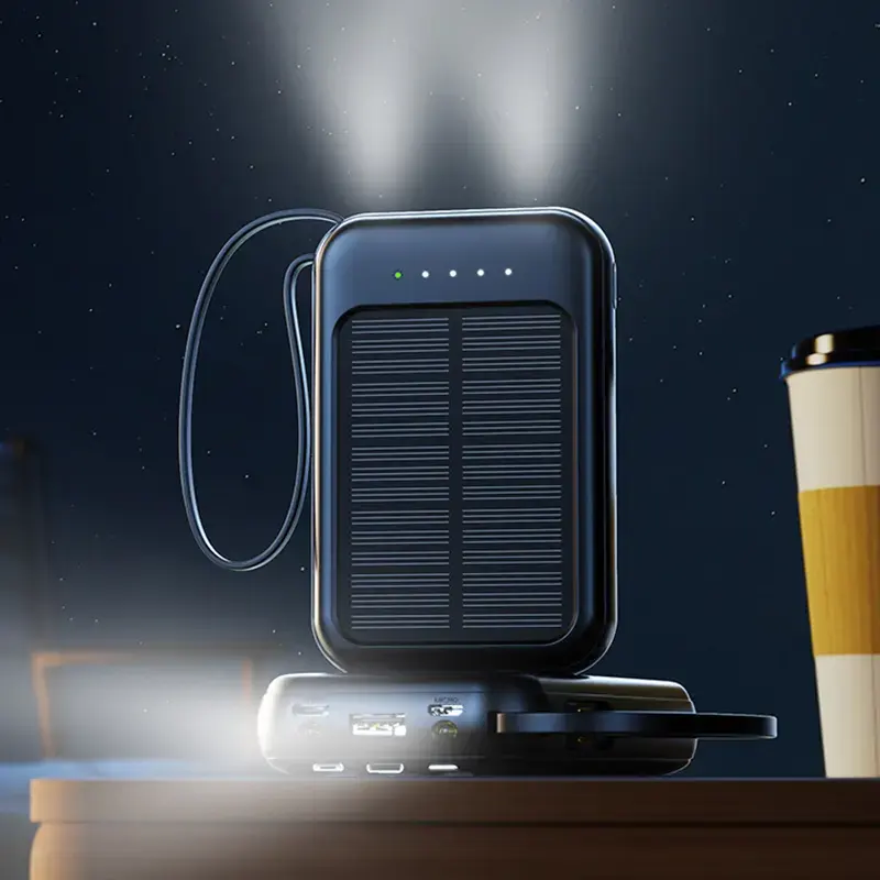 Solar Power Bank 10000mAh,Small Solar Charger Built in 4 Cables,USB C Input/Output,Dual Flashlight External Battery Portable Charger Power Bank for iPhone,Tablet,Samsung