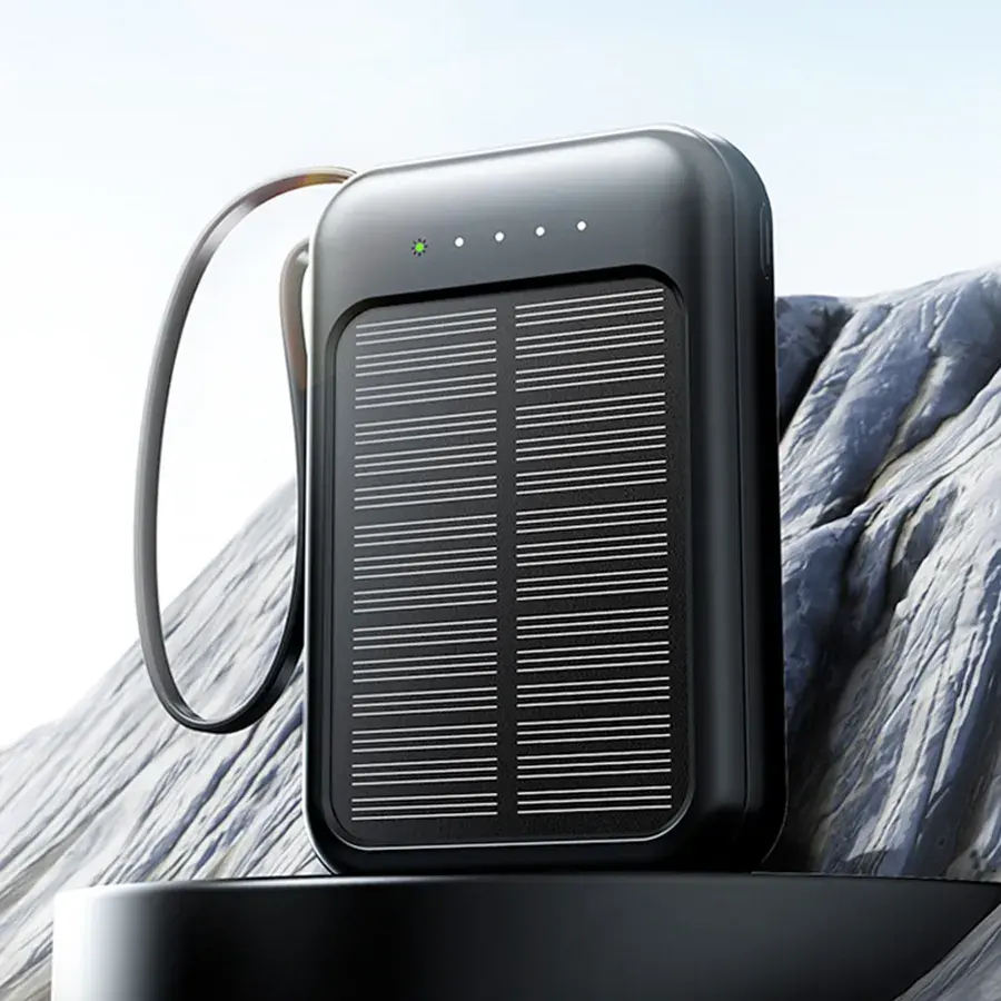 Solar Power Bank 10000mAh,Small Solar Charger Built in 4 Cables,USB C Input/Output,Dual Flashlight External Battery Portable Charger Power Bank for iPhone,Tablet,Samsung