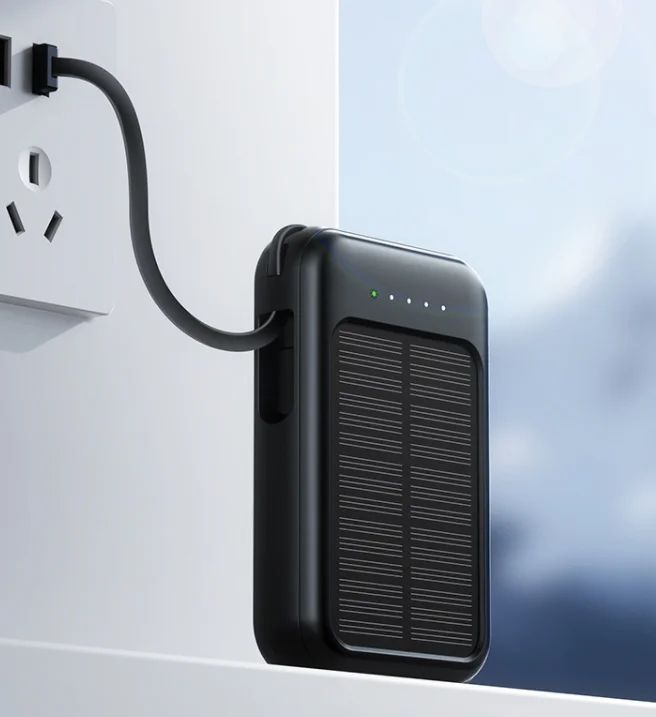 Solar Power Bank 10000mAh,Small Solar Charger Built in 4 Cables,USB C Input/Output,Dual Flashlight External Battery Portable Charger Power Bank for iPhone,Tablet,Samsung