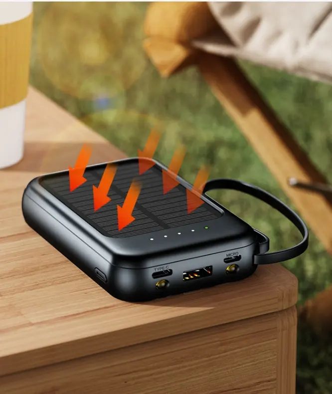 Solar Power Bank 10000mAh,Small Solar Charger Built in 4 Cables,USB C Input/Output,Dual Flashlight External Battery Portable Charger Power Bank for iPhone,Tablet,Samsung