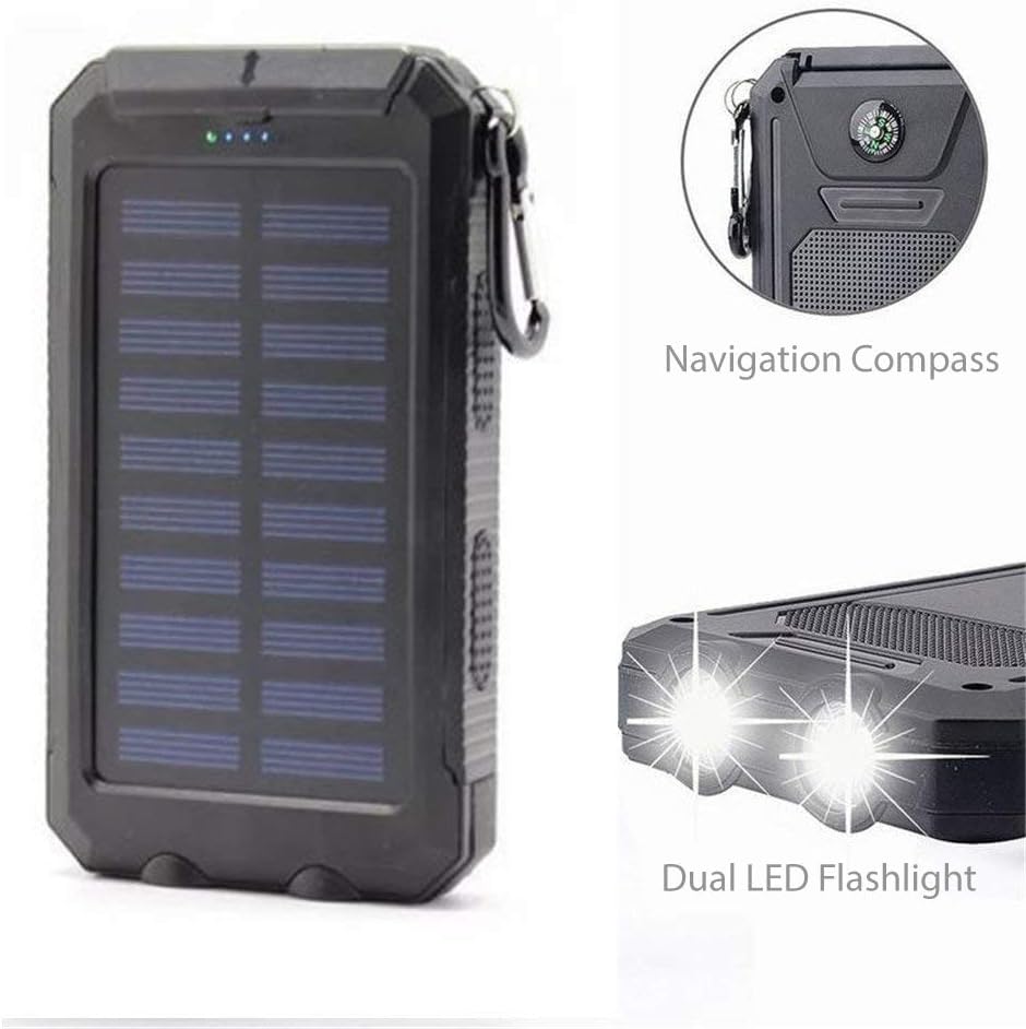 Portable Solar Mobile Phone Charger, Camping External Battery Charger For Mobile Phones, 2 USB/ LED Flashlights With Compass For Outdoor Activities, 20000mAh Portable Solar Power Bank