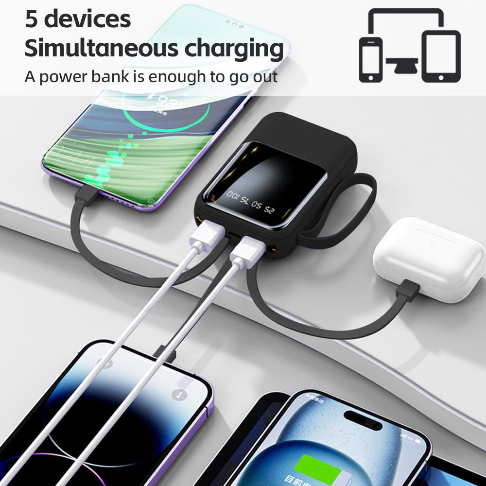20000mAh Mini Cute 20W Fast Charging Multifunctional Power Bank, Large Capacity Rechargeable Portable Mobile Phone Charger, Built-in 4 Cables, Ultra-bright LED Lights, Outdoor Travel Battery Packs