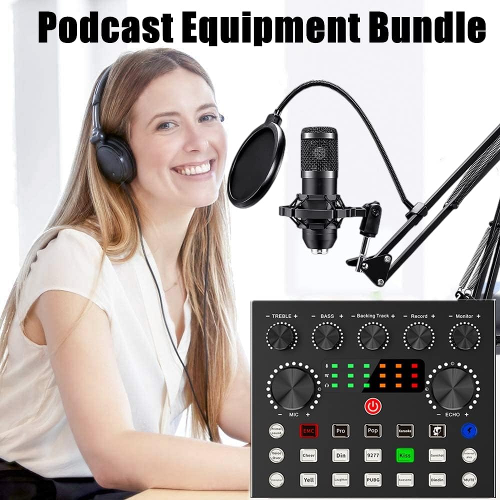 Podcast Equipment Bundle, Recording Studio Package with Podcast Microphone and Voice Changer, Live Sound Card - Audio Interface for Laptop Computer Vlog Living Broadcast Live Streaming YouTube TikTok