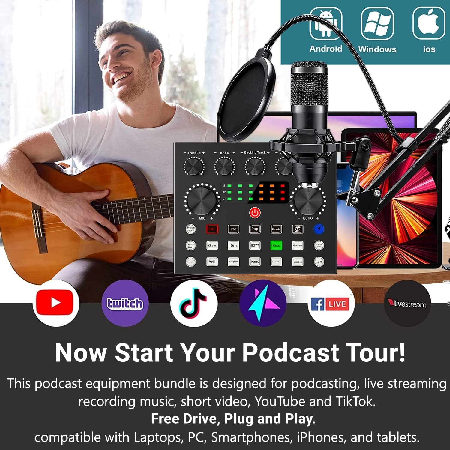 Podcast Equipment Bundle, Recording Studio Package with Podcast Microphone and Voice Changer, Live Sound Card - Audio Interface for Laptop Computer Vlog Living Broadcast Live Streaming YouTube TikTok