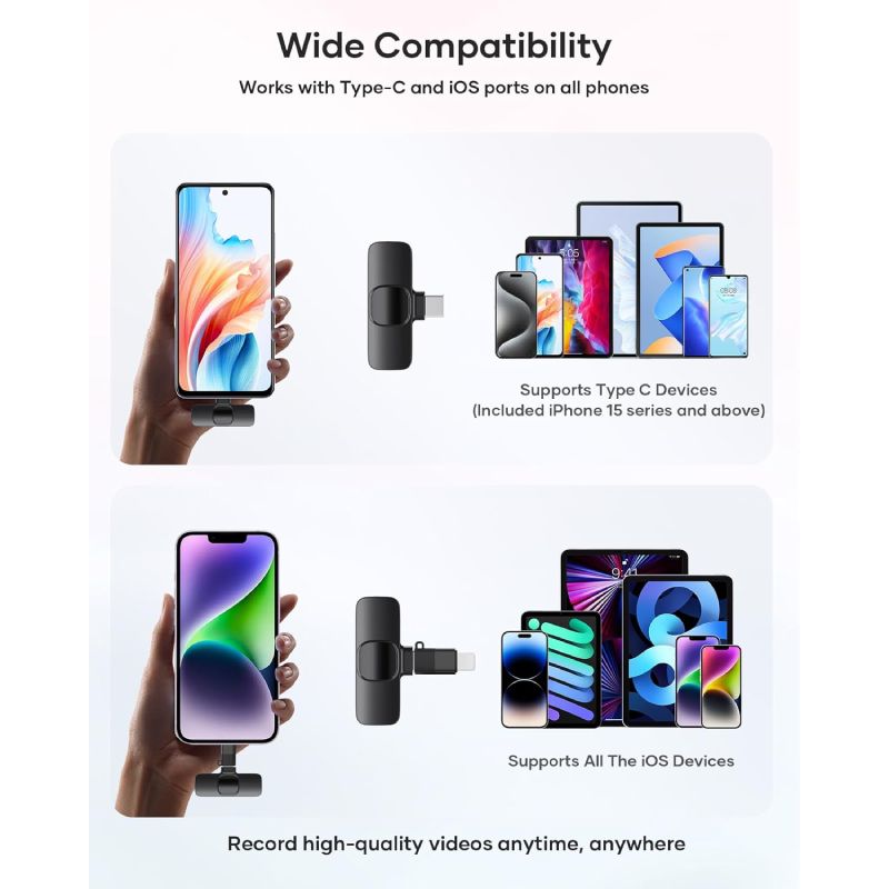 Wireless Microphone for iPhone, Android Phone, Laptop, 2 Pack Lavalier Microphone for Video Recording, Mini Mics with Noise Reduction for Podcast YouTube TikTok Vlog