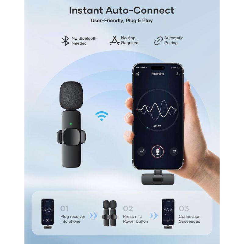 Wireless Microphone for iPhone, Android Phone, Laptop, 2 Pack Lavalier Microphone for Video Recording, Mini Mics with Noise Reduction for Podcast YouTube TikTok Vlog