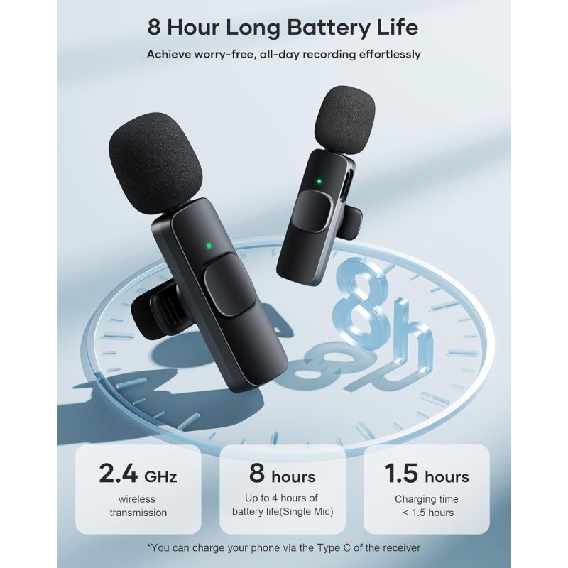 Wireless Microphone for iPhone, Android Phone, Laptop, 2 Pack Lavalier Microphone for Video Recording, Mini Mics with Noise Reduction for Podcast YouTube TikTok Vlog