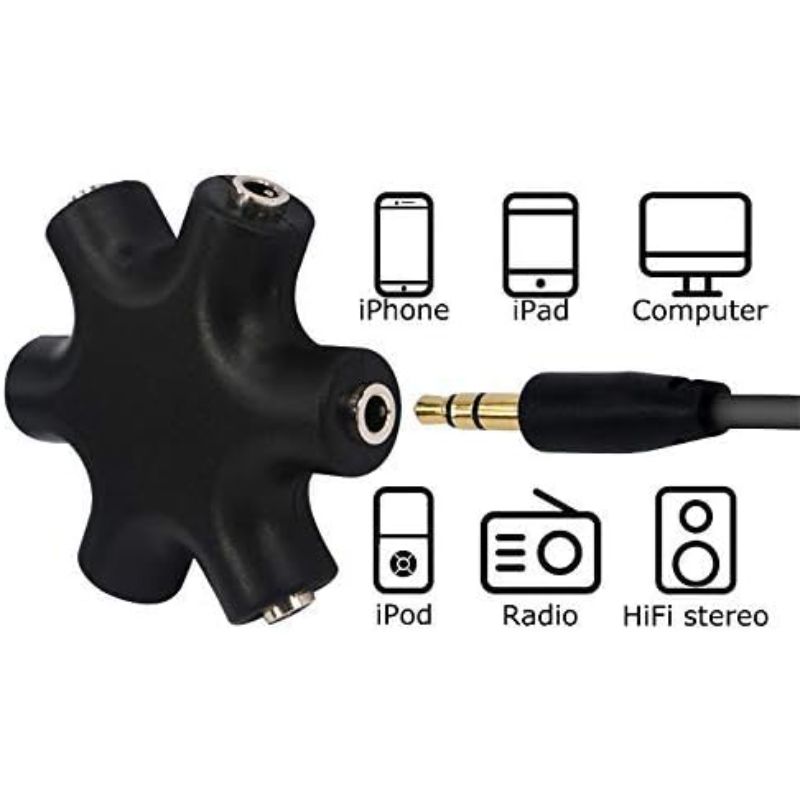 Headphone Splitter - 5-Jack 3.5mm Audio Stereo Adapter for Headsets, Earbuds, Earphones - 1 Male to 4 Female With Stereo Cable