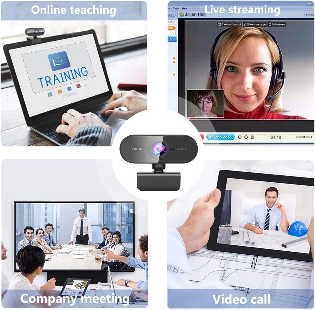 Smart HD Webcam with Microphone, 1080P Full HD Video Conference Camera, Two-Way Intercom, Auto Focus, Plug & Play, Black, High-Definition Streaming for Work, Classroom, or Meetings, Webcam for Pc