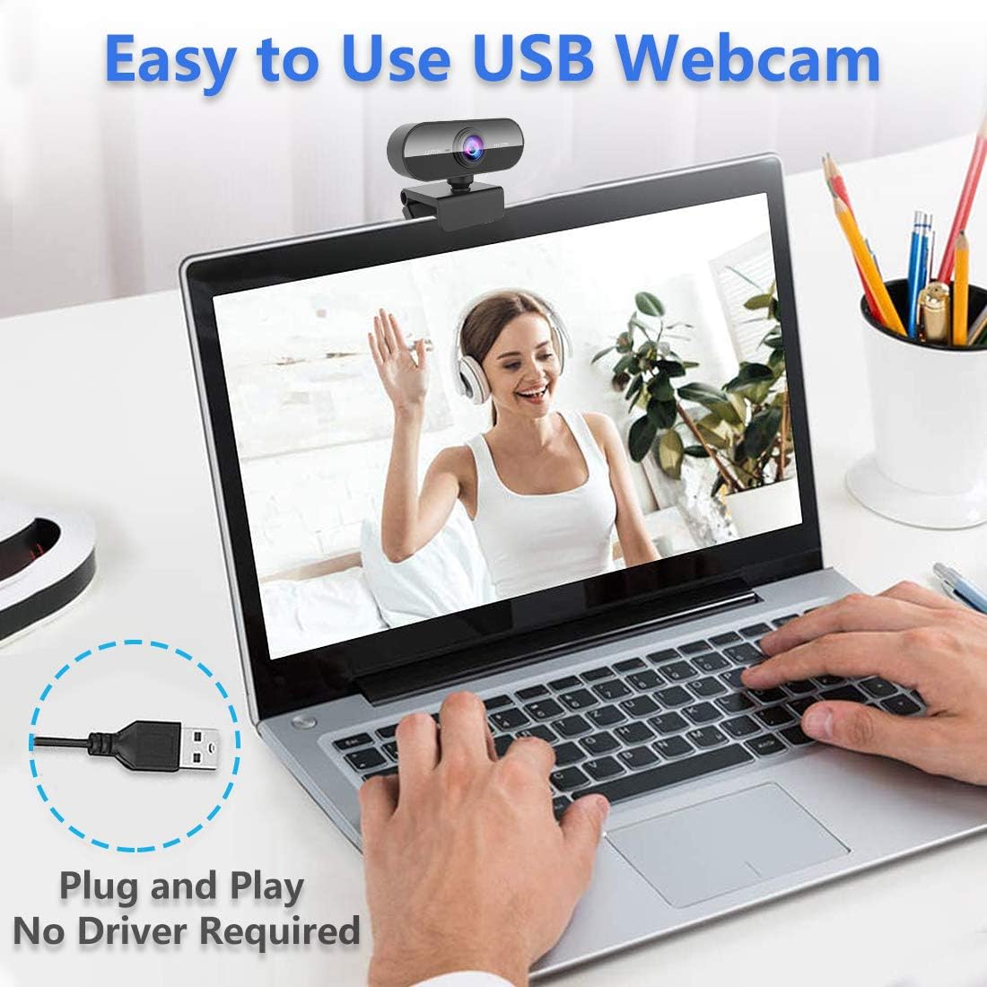 Smart HD Webcam with Microphone, 1080P Full HD Video Conference Camera, Two-Way Intercom, Auto Focus, Plug & Play, Black, High-Definition Streaming for Work, Classroom, or Meetings, Webcam for Pc