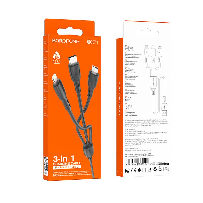 【Final Clearance】3-in-1 charging cable – 1.0 m – USB-A to Type C, Micro B, Lightning – 12 W – for smartphones, tablets, power banks