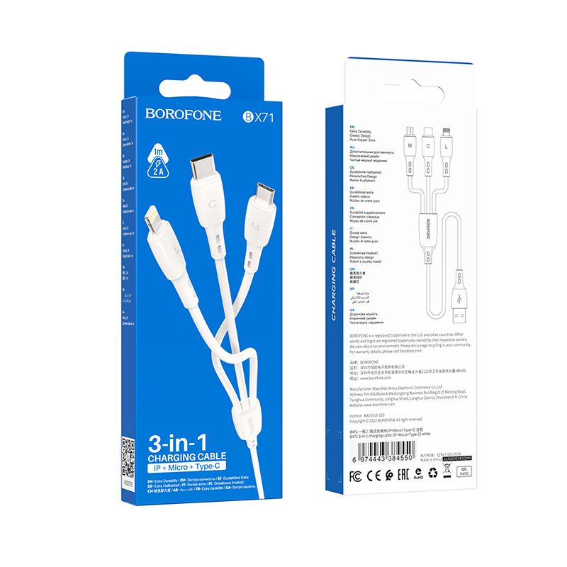 【Final Clearance】3-in-1 charging cable – 1.0 m – USB-A to Type C, Micro B, Lightning – 12 W – for smartphones, tablets, power banks