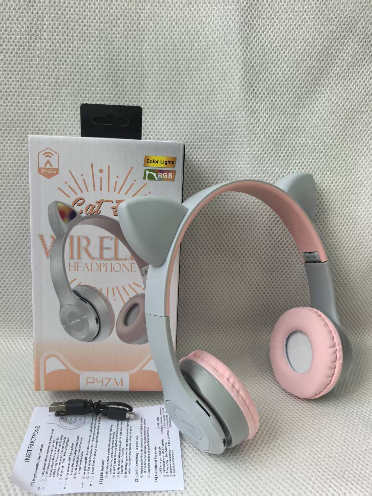 Cat Ear Bluetooth Headset, RGB USB Gaming Headset, Cute Retractable Active Noise Cancelling Headphones, Good Gifts for Girls and Kids