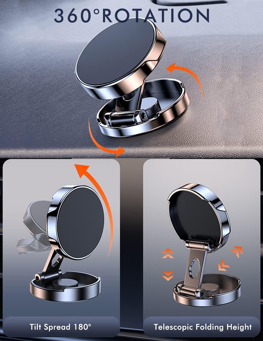 【Foldable Magnetic Phone Mount】 Universal 360 ° Rotation Car Phone Magnet Holder, Magnet Phone Holder for Car with iPhone Samsung All smartphones