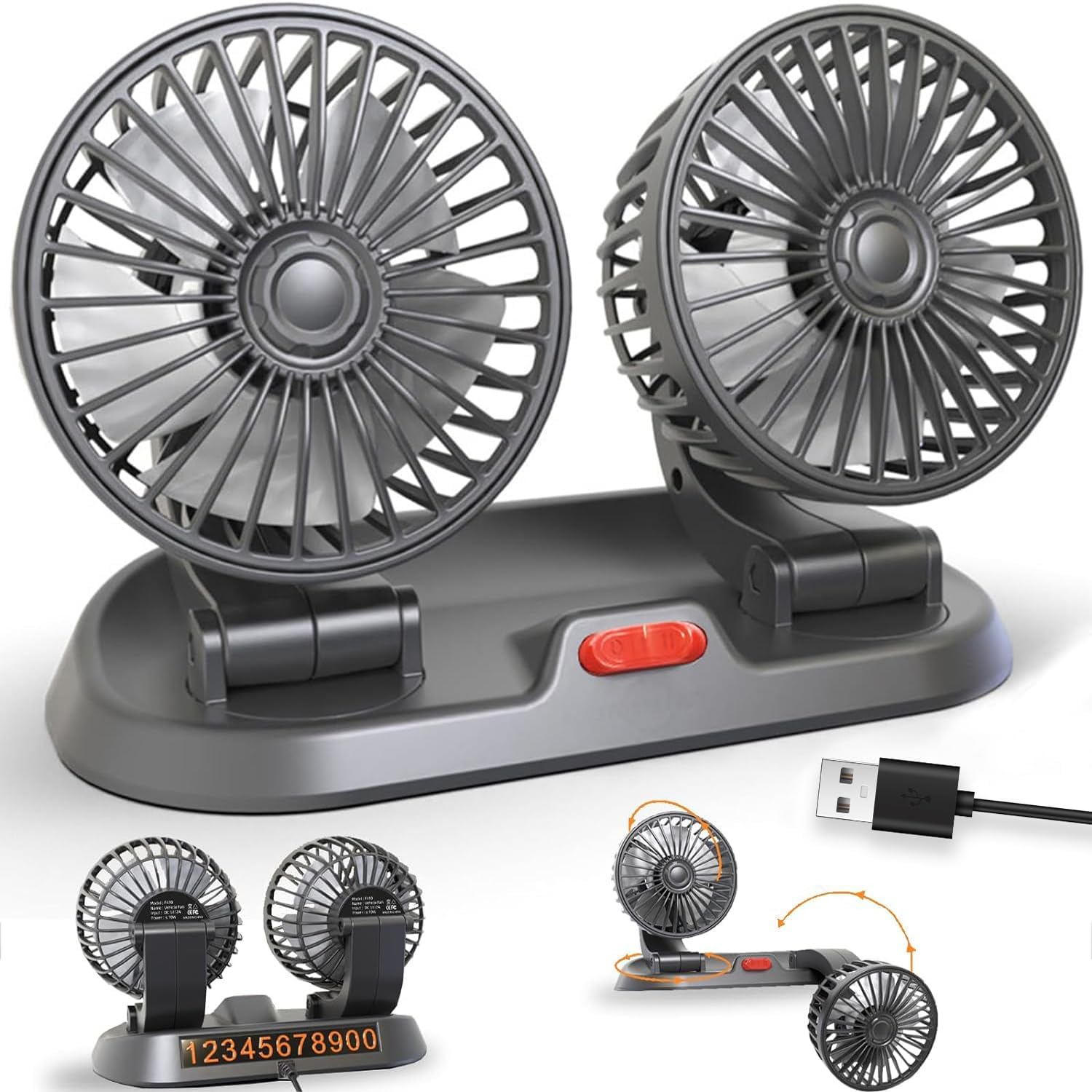 【Clearance Sale】Head USB Fan for Car, Portable Vehicle Cooling Fan - Brushless Motor, 2 Speeds, 360° Rotation, for Car Dashboard, SUV/RV/Truck/Sedan/Cruise, USB Powered