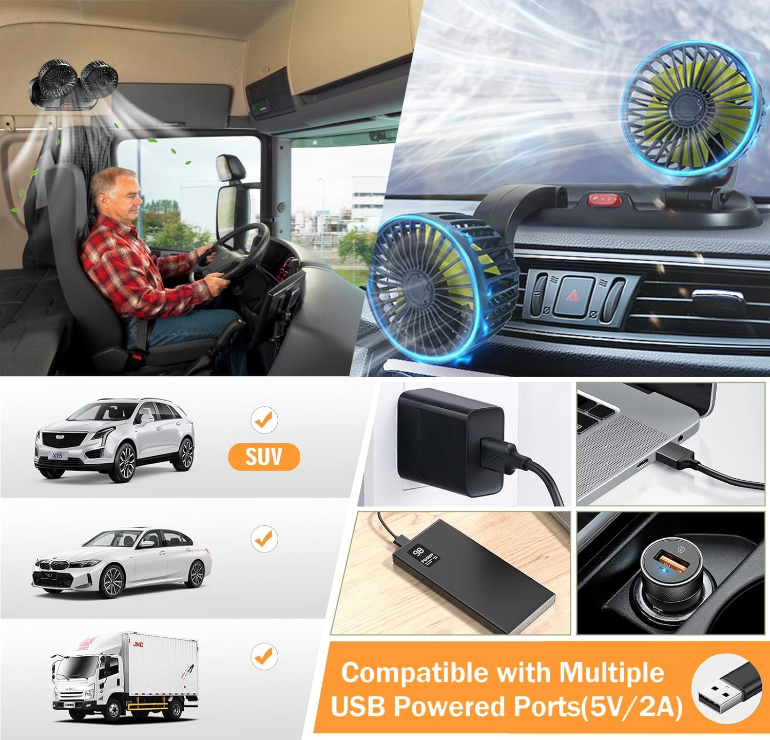 【Clearance Sale】Head USB Fan for Car, Portable Vehicle Cooling Fan - Brushless Motor, 2 Speeds, 360° Rotation, for Car Dashboard, SUV/RV/Truck/Sedan/Cruise, USB Powered