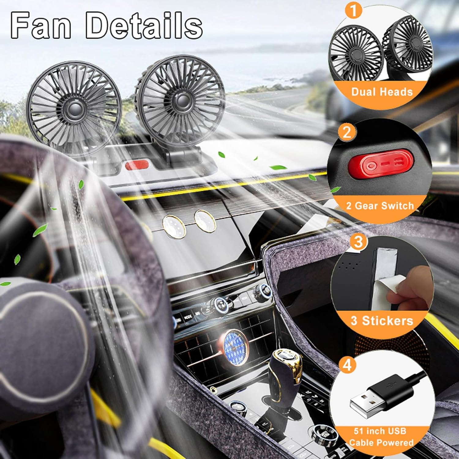 【Clearance Sale】Head USB Fan for Car, Portable Vehicle Cooling Fan - Brushless Motor, 2 Speeds, 360° Rotation, for Car Dashboard, SUV/RV/Truck/Sedan/Cruise, USB Powered