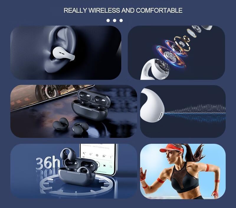 Wireless Ear Clip Bone Conduction Headphones,  Open Ear Earbuds Wireless Bluetooth Earbuds, IPX3 Waterproof Ear Hook Bluetooth Headphones After Shock Bone Air Conduction Headphones