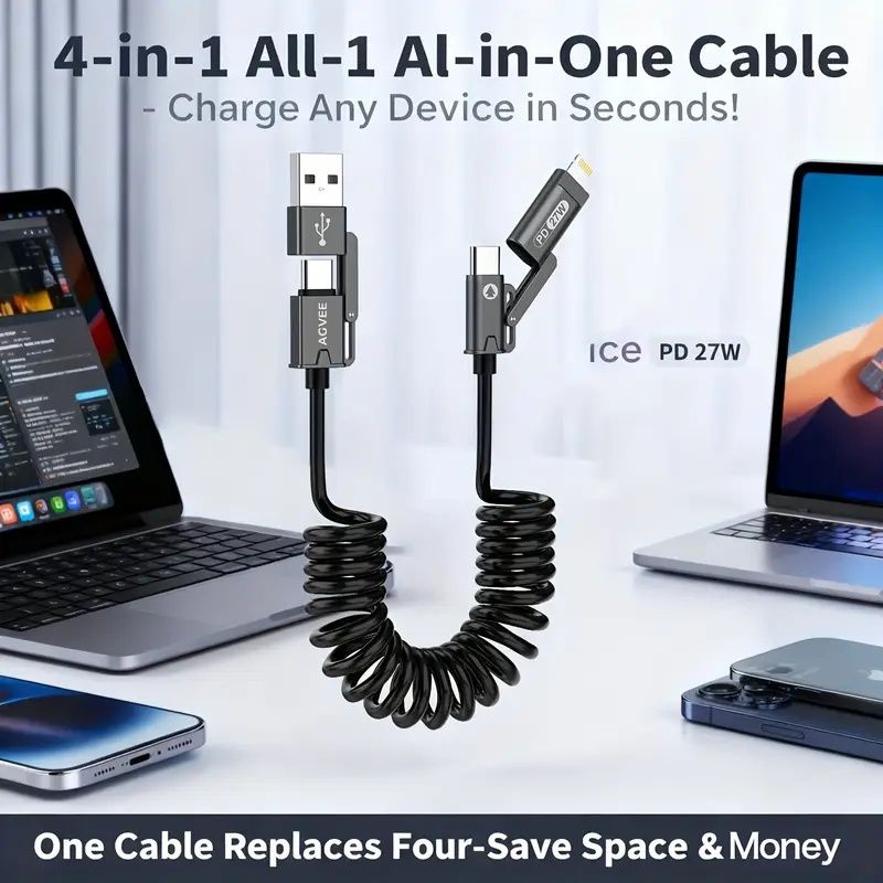 【Clearance Sale】4-in-1 Coiled USB Cable - 65W USB C Fast Charging for Phone,Laptop and Other Devices,Coiled Silicone Cable,1.5M