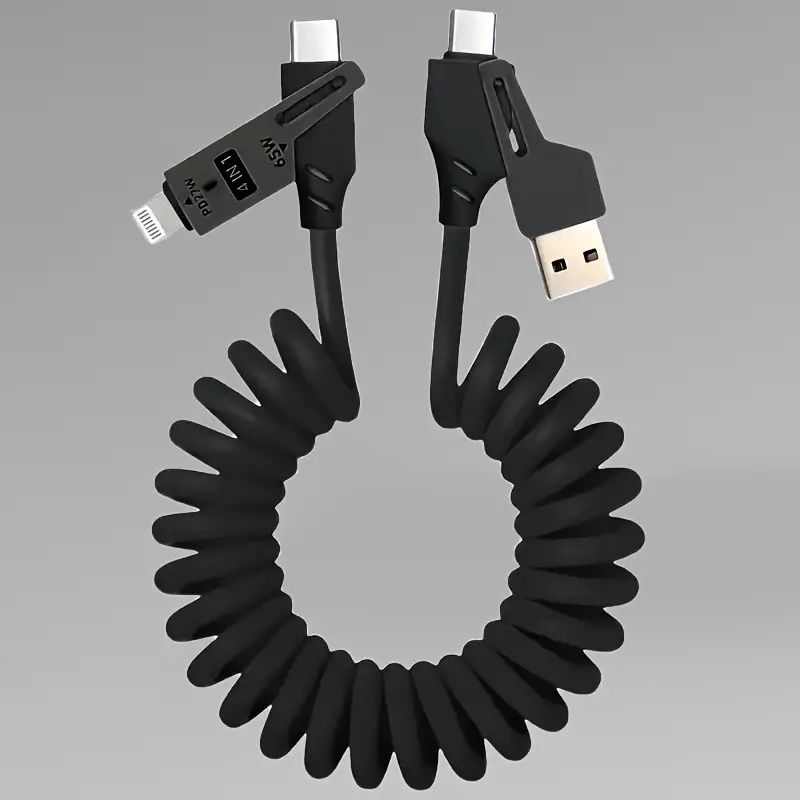 【Clearance Sale】4-in-1 Coiled USB Cable - 65W USB C Fast Charging for Phone,Laptop and Other Devices,Coiled Silicone Cable,1.5M