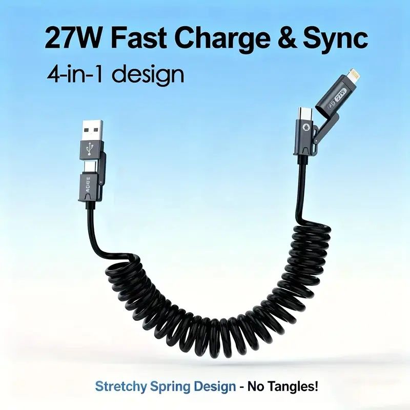 【Clearance Sale】4-in-1 Coiled USB Cable - 65W USB C Fast Charging for Phone,Laptop and Other Devices,Coiled Silicone Cable,1.5M