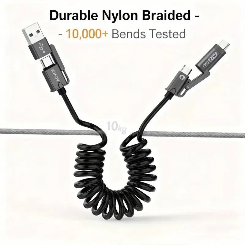 【Clearance Sale】4-in-1 Coiled USB Cable - 65W USB C Fast Charging for Phone,Laptop and Other Devices,Coiled Silicone Cable,1.5M