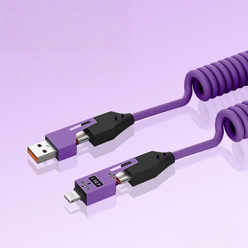 【Clearance Sale】4-in-1 Coiled USB Cable - 65W USB C Fast Charging for Phone,Laptop and Other Devices,Coiled Silicone Cable,1.5M