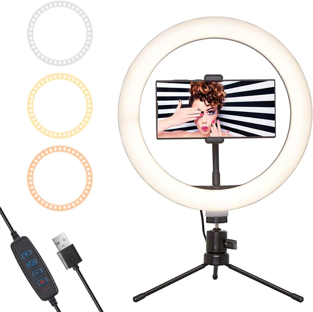 【Clearance Sale】10'' Ring Light USB Switch Phone Holder 1/4 Screw Joint With 14cm Tripod Stand for Photography LED Circle Lamp Ringlight Video Live Streaming Fill Lights Camera Webcam