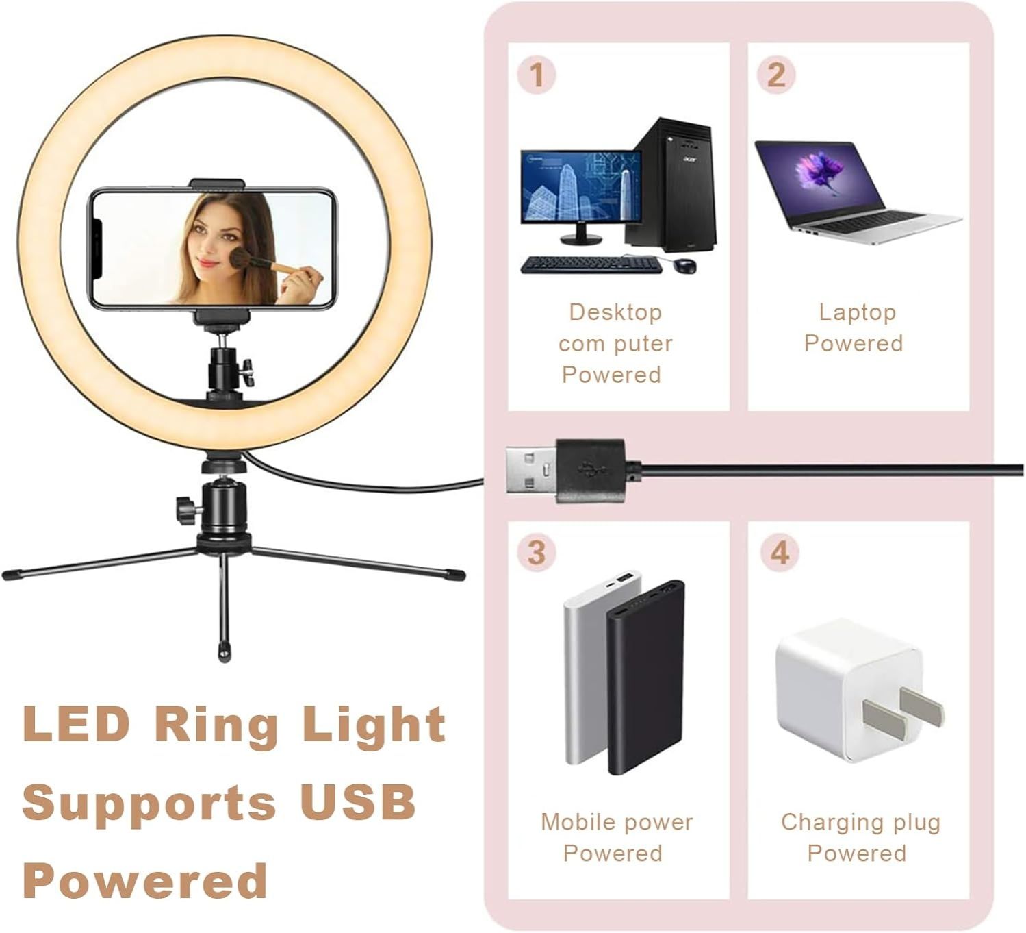 【Clearance Sale】10'' Ring Light USB Switch Phone Holder 1/4 Screw Joint With 14cm Tripod Stand for Photography LED Circle Lamp Ringlight Video Live Streaming Fill Lights Camera Webcam