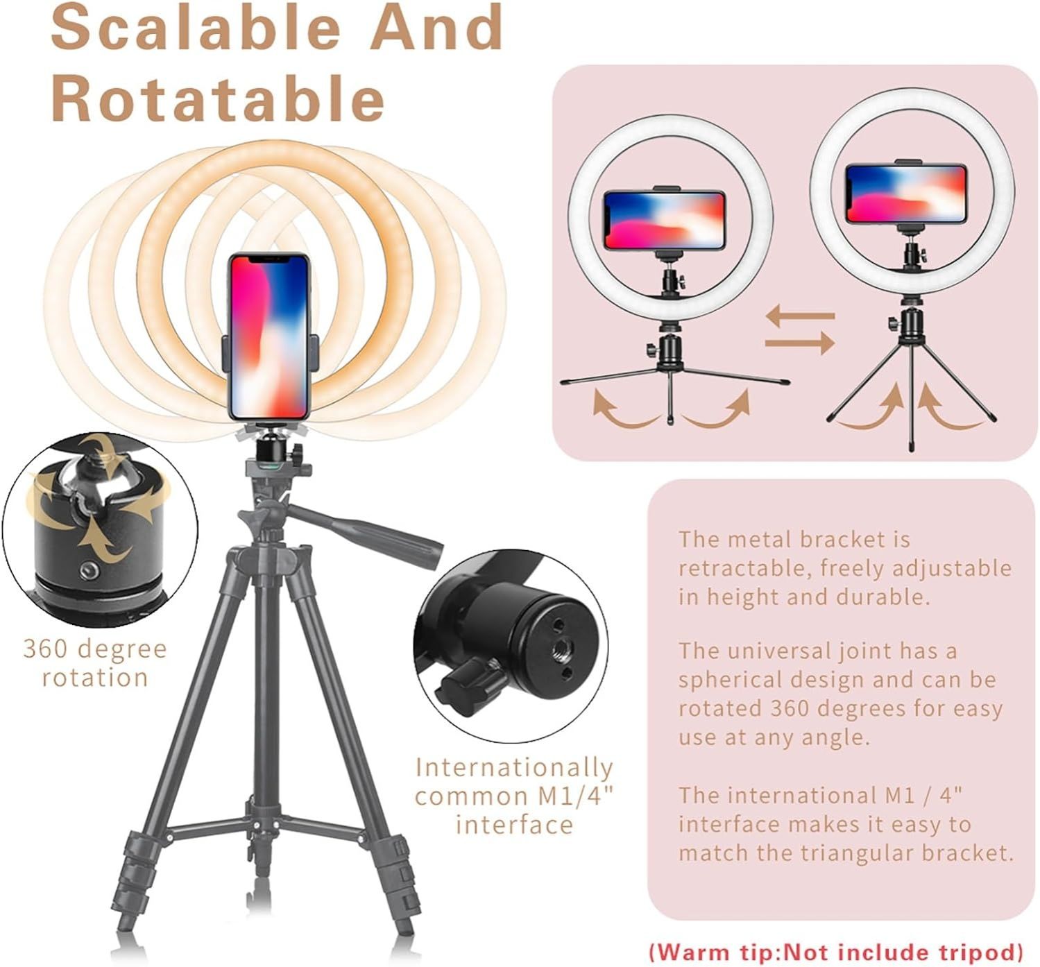 【Clearance Sale】10'' Ring Light USB Switch Phone Holder 1/4 Screw Joint With 14cm Tripod Stand for Photography LED Circle Lamp Ringlight Video Live Streaming Fill Lights Camera Webcam