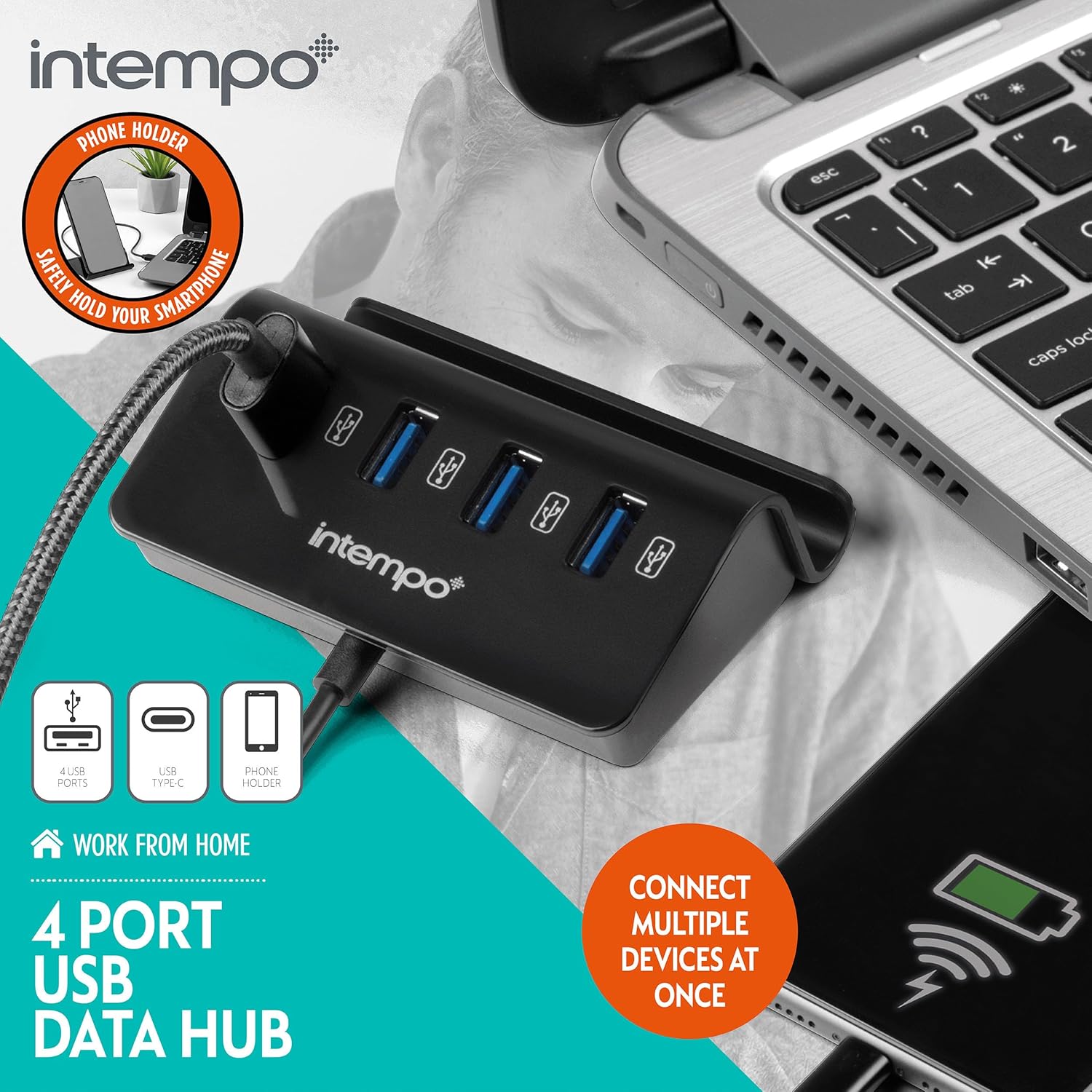 【Clearance Sale】4 Port USB Data Hub and Phone Holder, Connect Multiple Devices at Once, Portable USB Adapter Compatible With Most Laptops & Computers, Type-C Connector