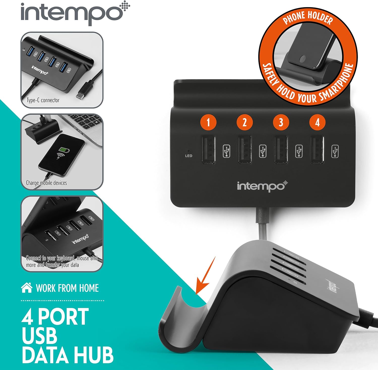 【Clearance Sale】4 Port USB Data Hub and Phone Holder, Connect Multiple Devices at Once, Portable USB Adapter Compatible With Most Laptops & Computers, Type-C Connector