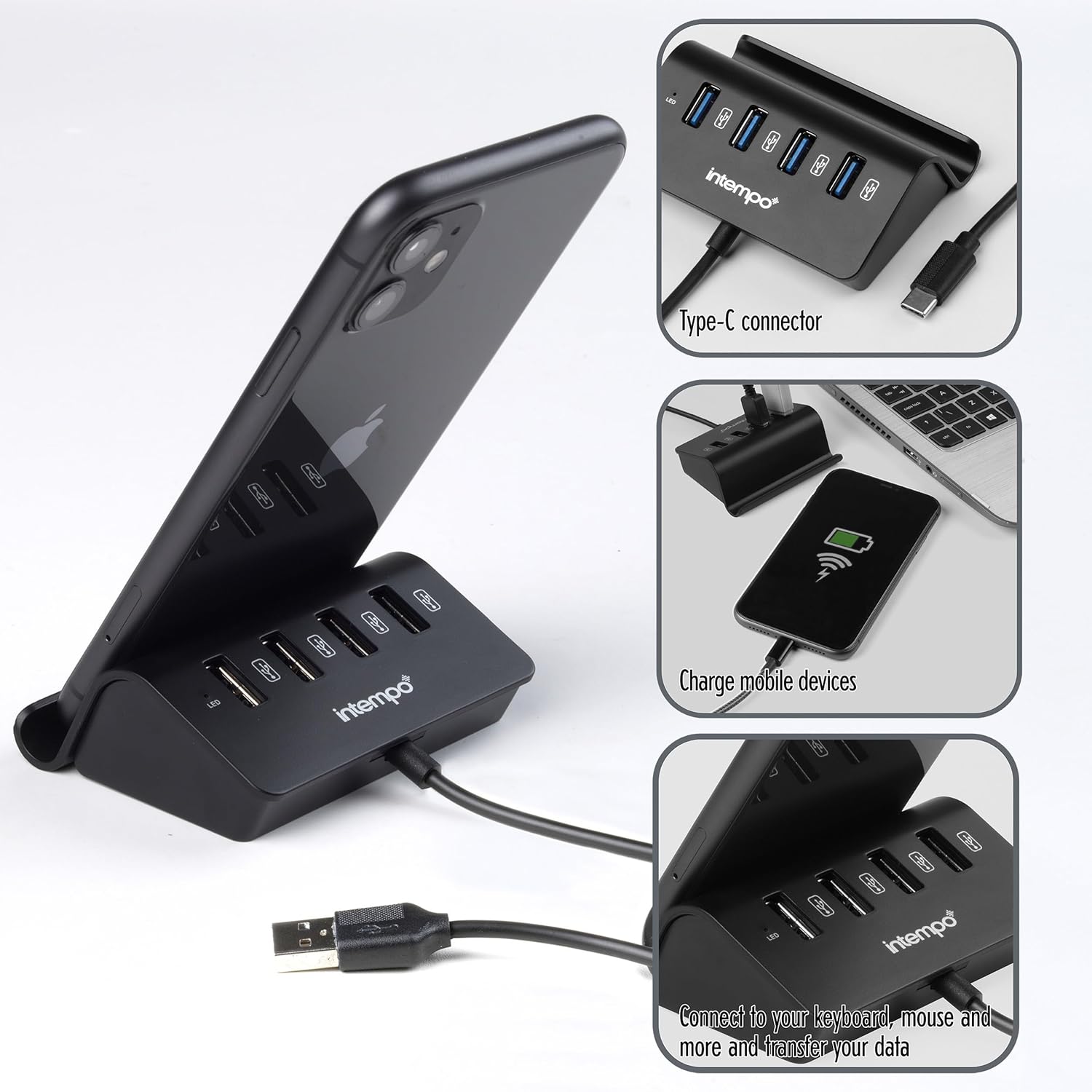 【Clearance Sale】4 Port USB Data Hub and Phone Holder, Connect Multiple Devices at Once, Portable USB Adapter Compatible With Most Laptops & Computers, Type-C Connector