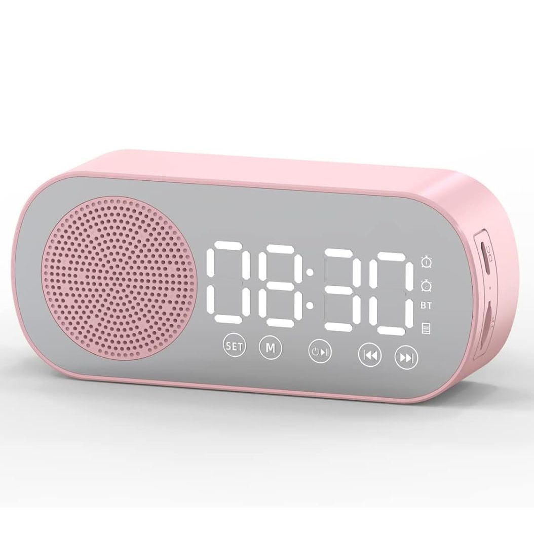 Digital Alarm Clock Radio,Bluetooth V5.0 HiFi Speaker Mirror Clock Dual Alarms Snooze FM Radio,Micro USB 1600mAh Battery,Bedside Clock for Bedrooms