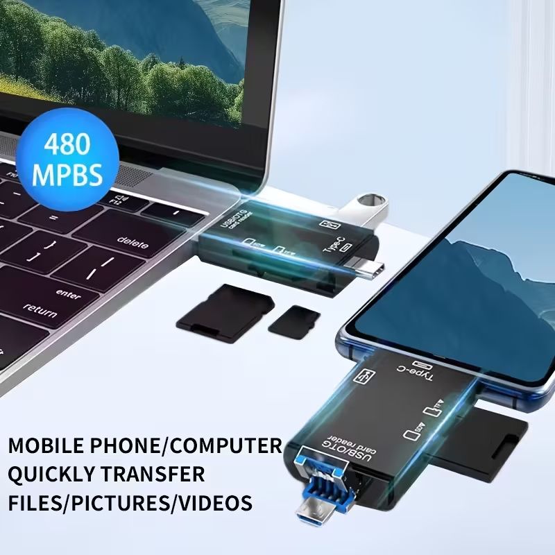 1pc Multi-Functional 6-in-1 OTG Card Reader, SD/TF Card & USB Flash Drive Adapter for Mobile Phone, Computer, Camera - Plug & Play Data Transfer without Battery