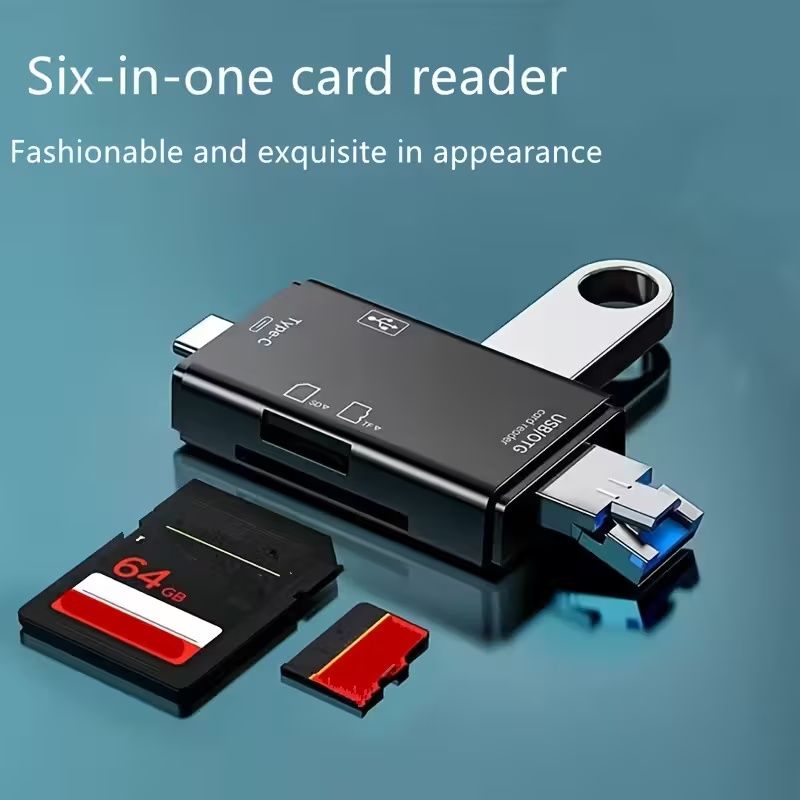 1pc Multi-Functional 6-in-1 OTG Card Reader, SD/TF Card & USB Flash Drive Adapter for Mobile Phone, Computer, Camera - Plug & Play Data Transfer without Battery