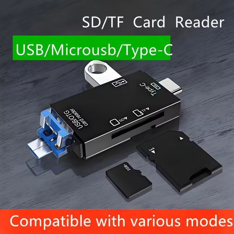1pc Multi-Functional 6-in-1 OTG Card Reader, SD/TF Card & USB Flash Drive Adapter for Mobile Phone, Computer, Camera - Plug & Play Data Transfer without Battery