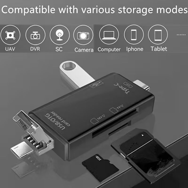 1pc Multi-Functional 6-in-1 OTG Card Reader, SD/TF Card & USB Flash Drive Adapter for Mobile Phone, Computer, Camera - Plug & Play Data Transfer without Battery