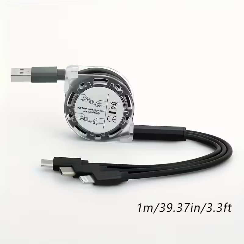 [3-in-1 Fast Charging] Binboom Retractable Multi Fast Charging Cord, 3-in-1 Multi Charger Cable Charging Cable, Retractable Charger With Lightning/Micro/Type C For iPhone, For iPad, 10-20W Output, 36V