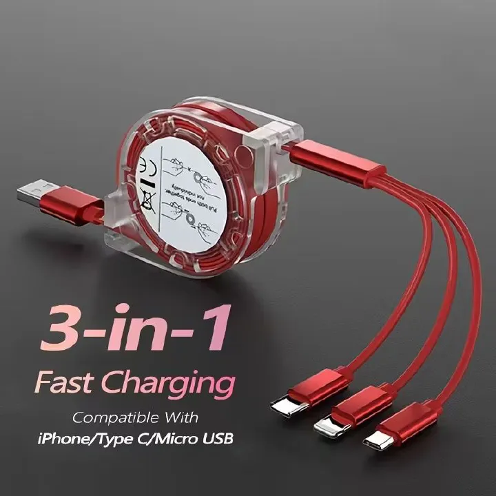 [3-in-1 Fast Charging] Binboom Retractable Multi Fast Charging Cord, 3-in-1 Multi Charger Cable Charging Cable, Retractable Charger With Lightning/Micro/Type C For iPhone, For iPad, 10-20W Output, 36V
