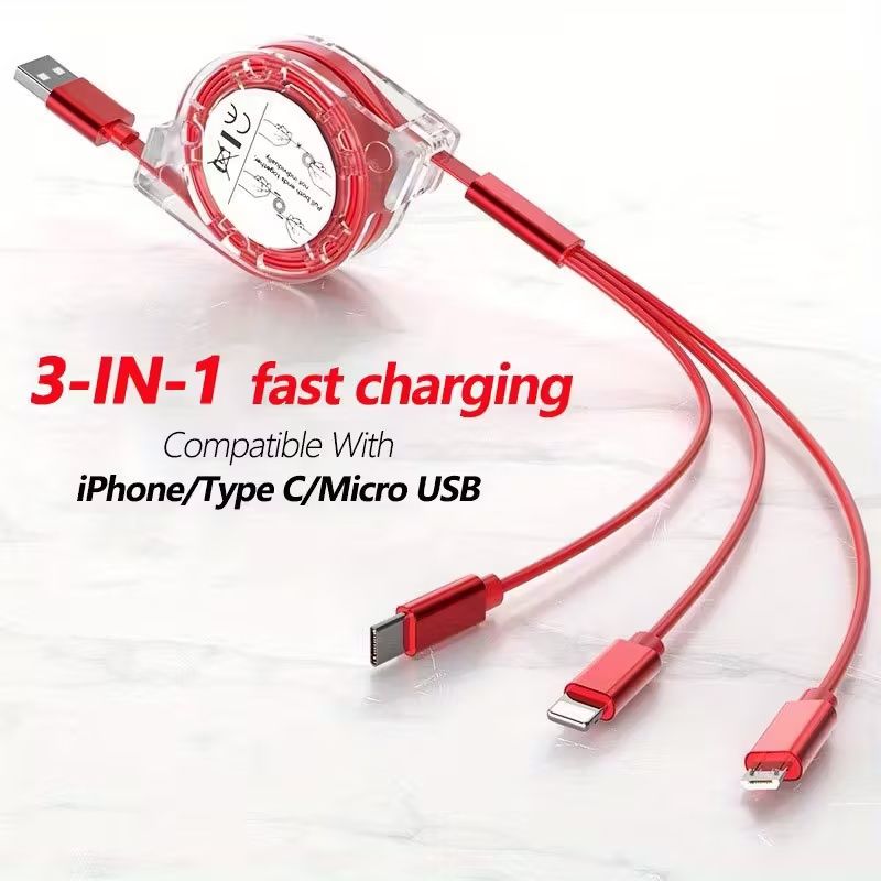 [3-in-1 Fast Charging] Binboom Retractable Multi Fast Charging Cord, 3-in-1 Multi Charger Cable Charging Cable, Retractable Charger With Lightning/Micro/Type C For iPhone, For iPad, 10-20W Output, 36V